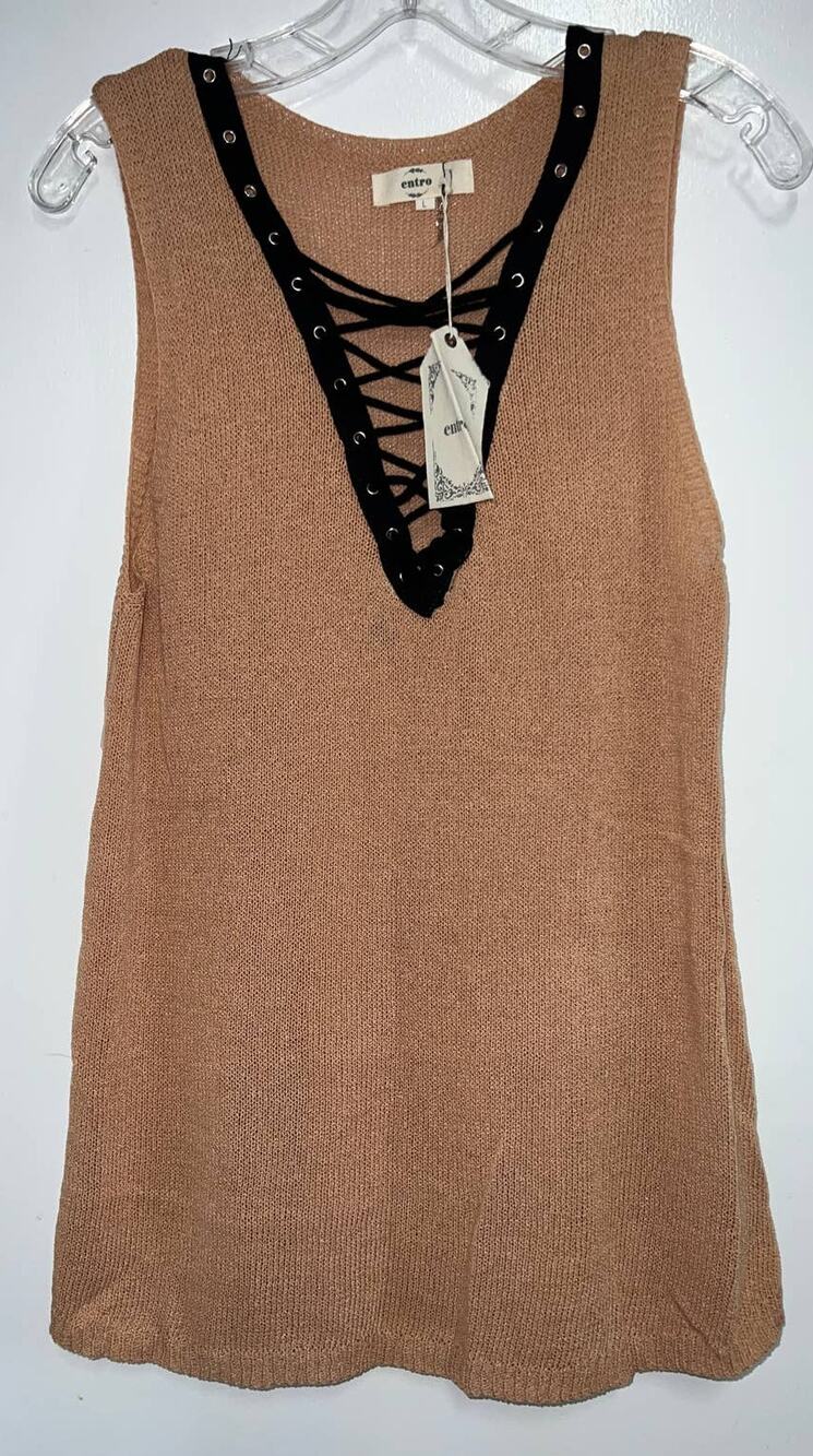 NWT Anthropologie Entro Sweater Tank Lace Up Khaki Tan L